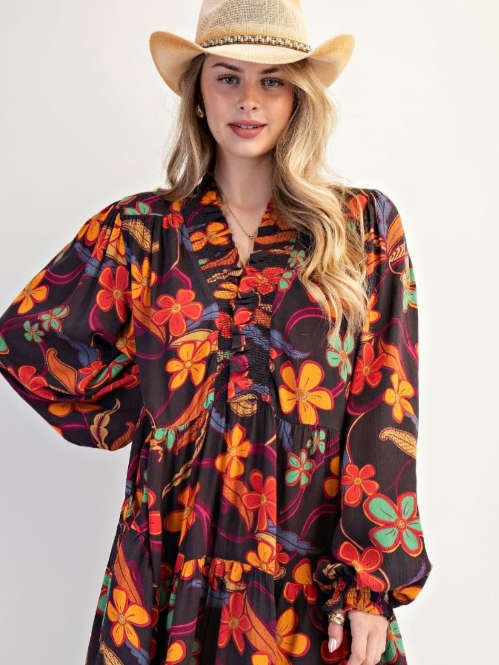 NWT Easel Black Floral Boho Tunic with Orange & Green Accents. Small but roomy!